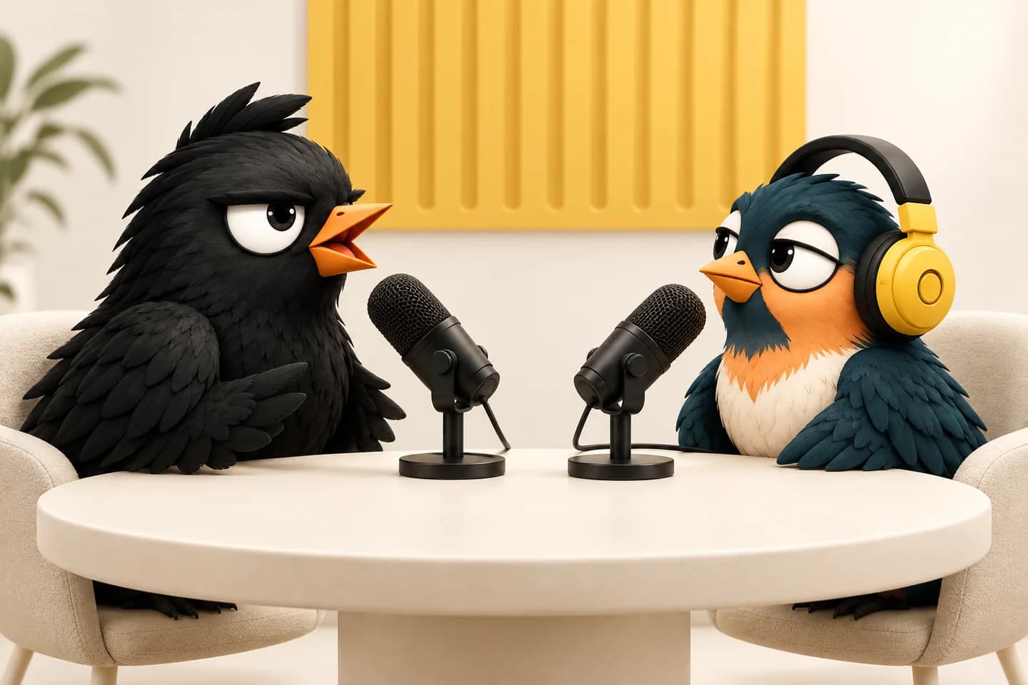 Core spricht und Ritmo hört mit gelben Kopfhörern zu; zwischen ihnen stehen zwei Mikrofone auf einem Podcasttisch.